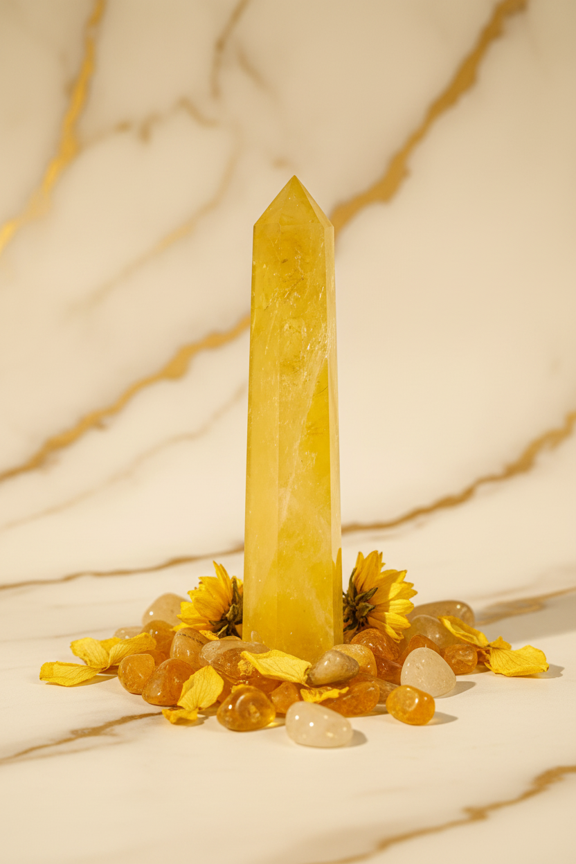 Citrine obelisk with tumbled stones and flowers