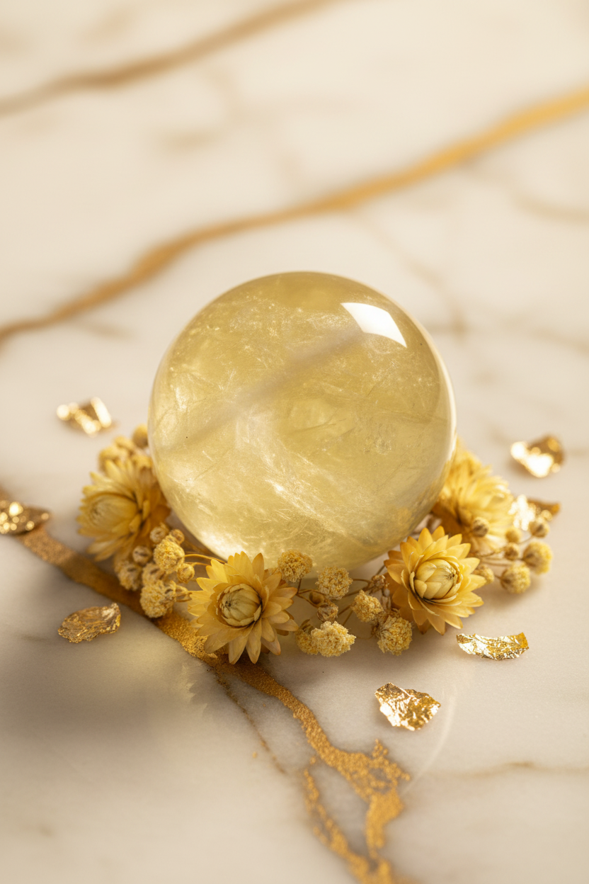 Citrine sphere close up dried flowers
