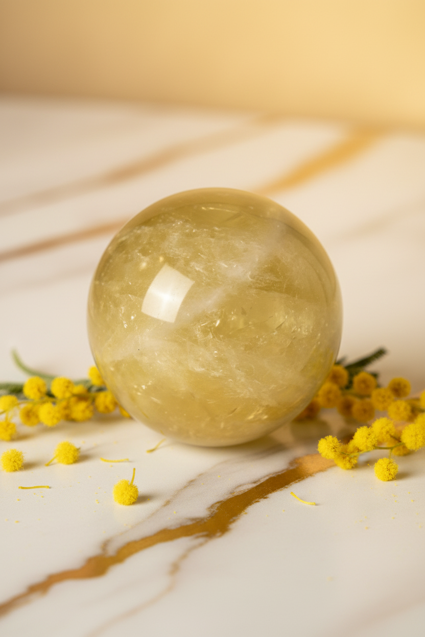 Citrine sphere close up mimosa petals