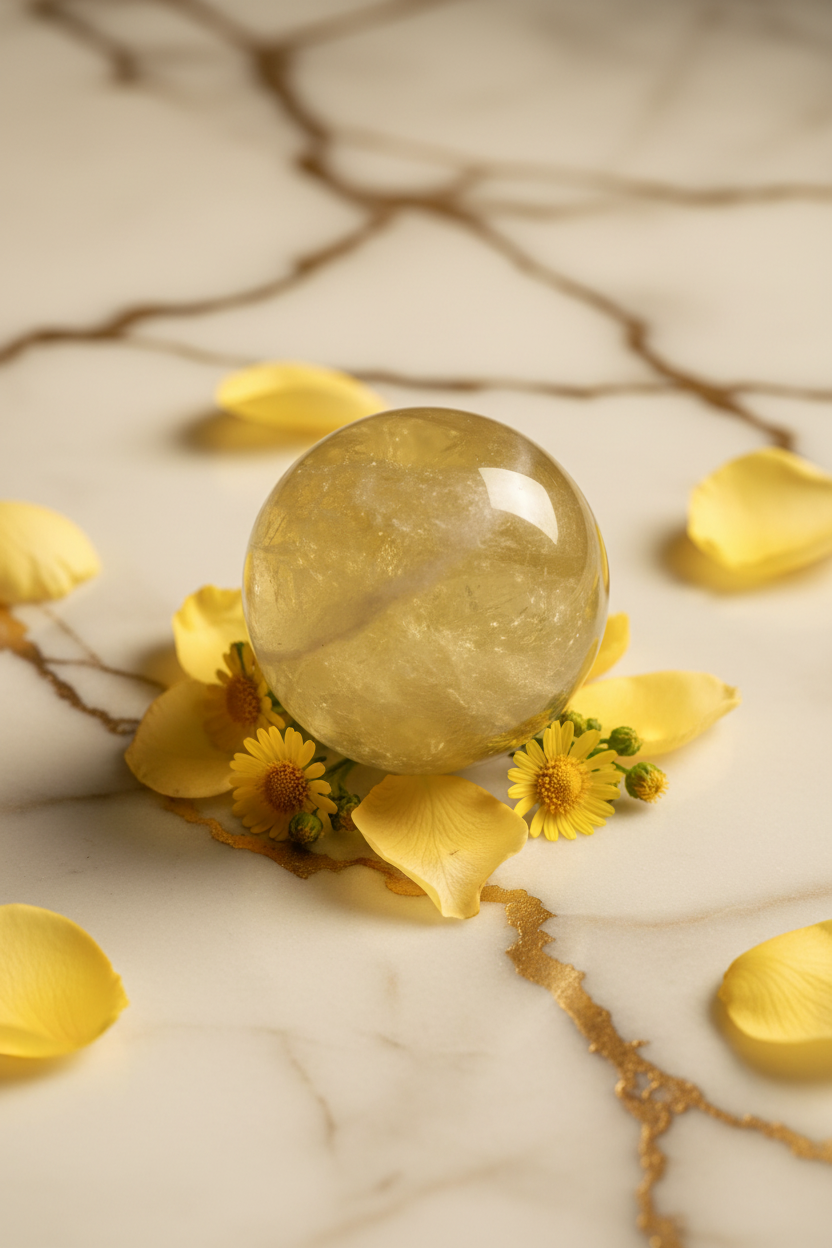 Citrine sphere close up yellow rose petals