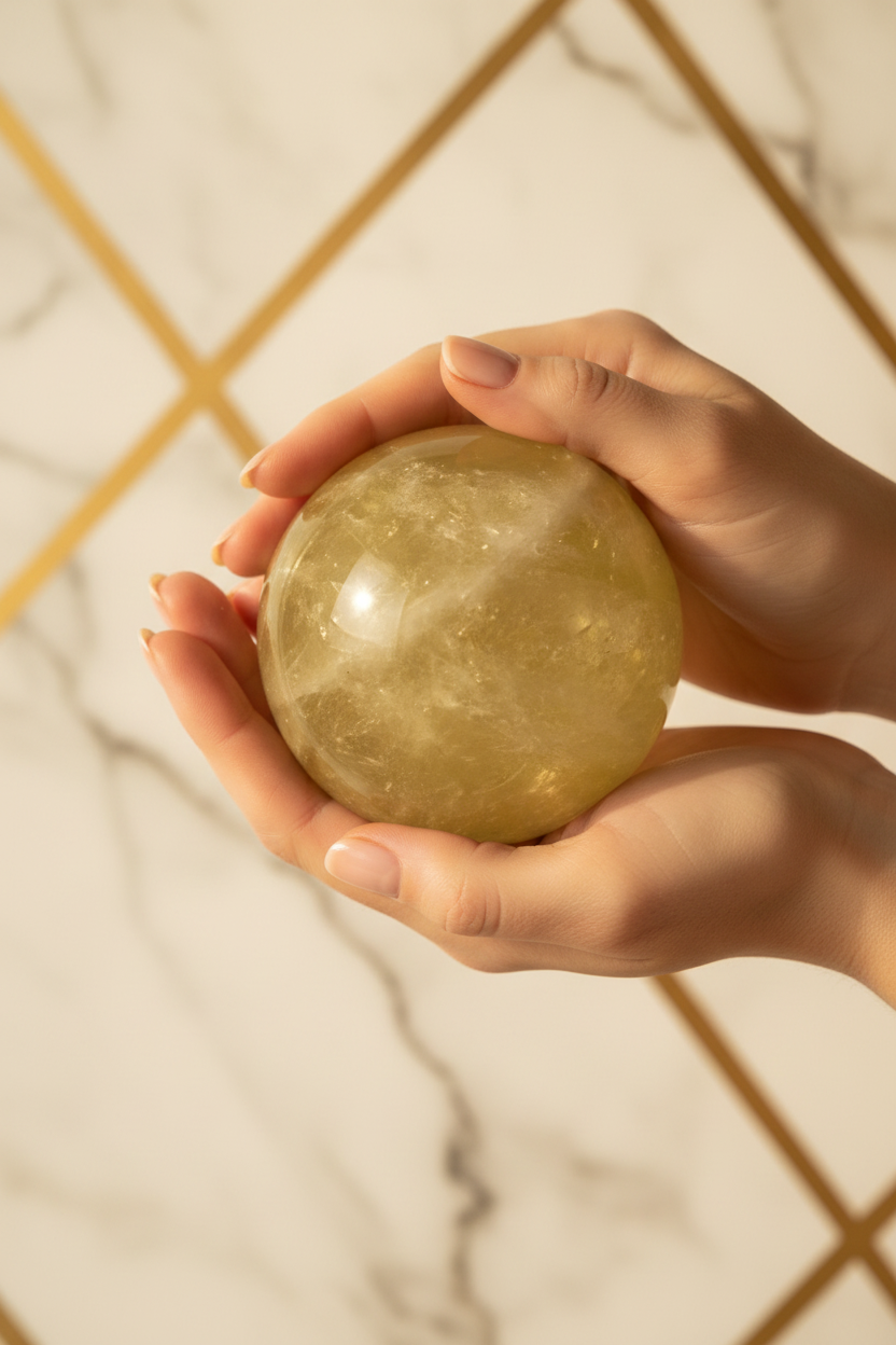 Citrine sphere in hands marble