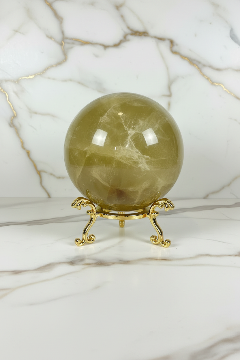 Citrine sphere on golden stand marble