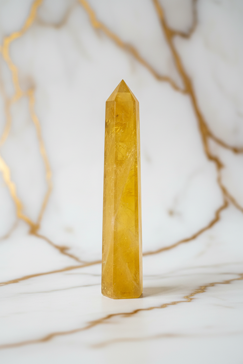 Deep yellow citrine obelisk on marble