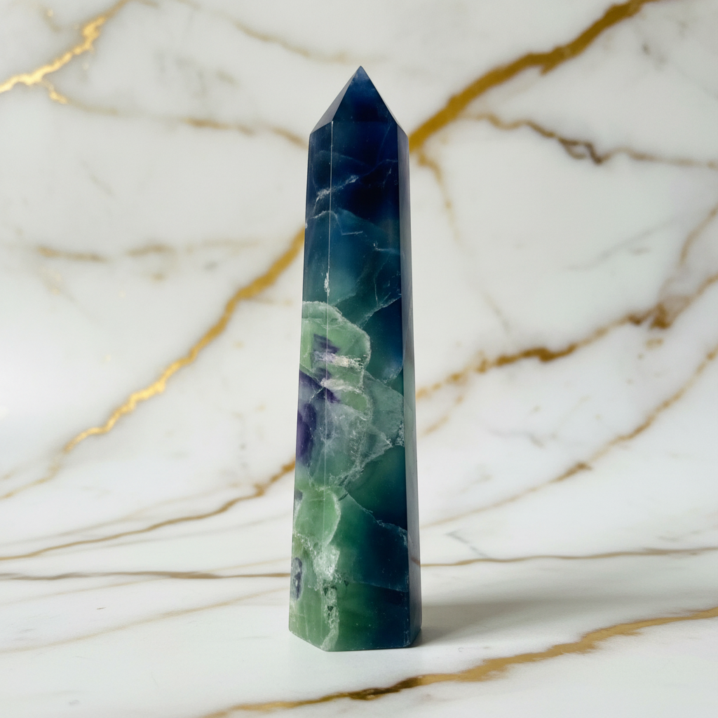Dreifarbiger Fluorit-Obelisk auf Marmor 9