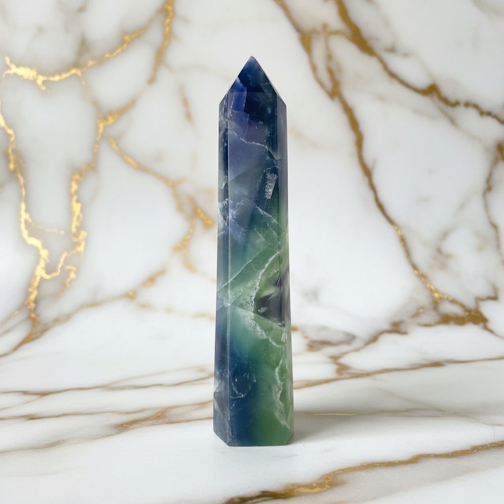 Dreifarbiger Fluorit-Obelisk auf Marmor - Von oben