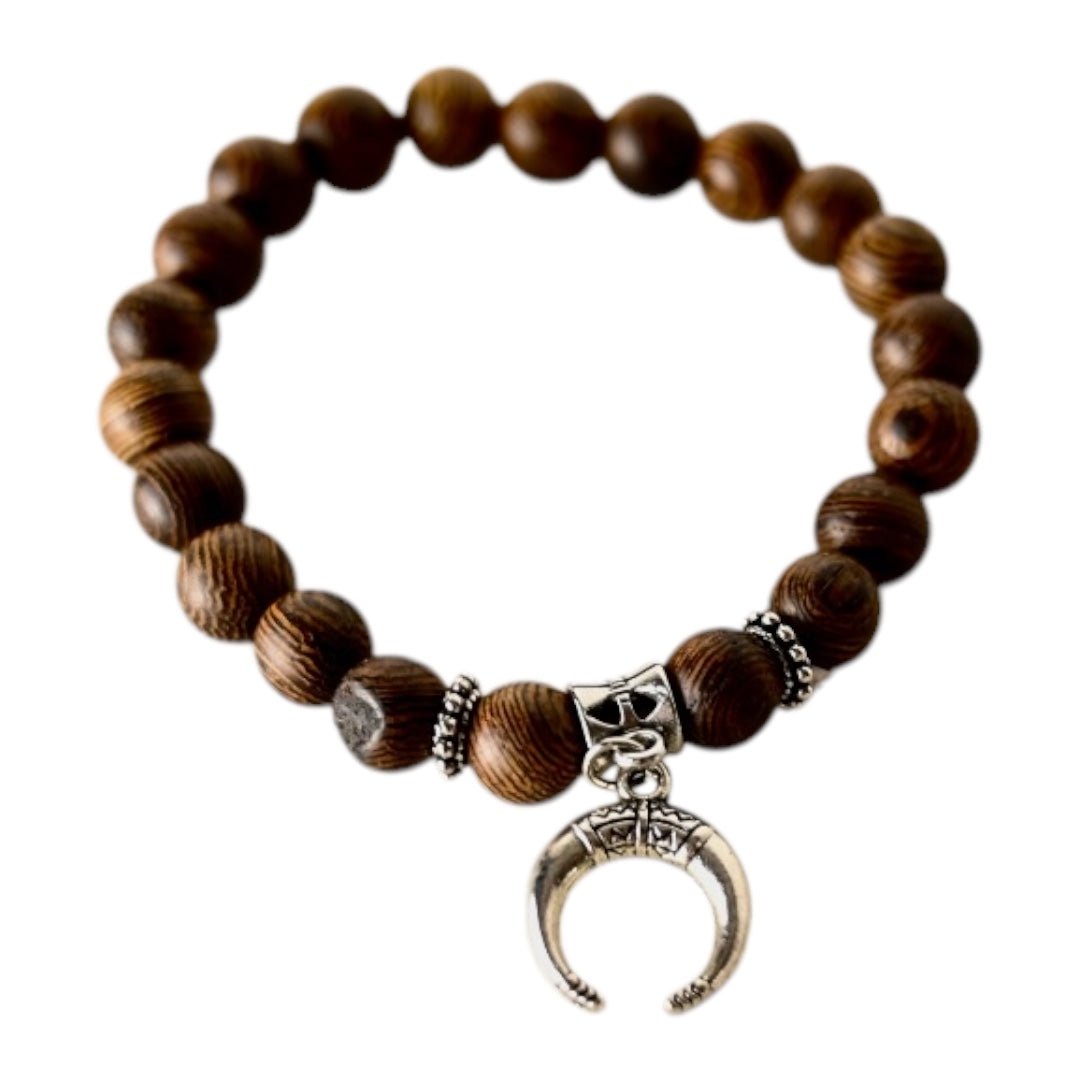 Elastisches Armband mit dunkelbraunen Holzperlen und Sichelmond - CrystalScents
