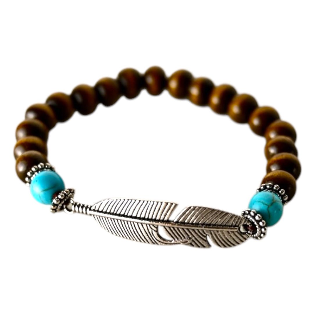 Elastisches Armband mit Holzperlen und Feder - CrystalScents