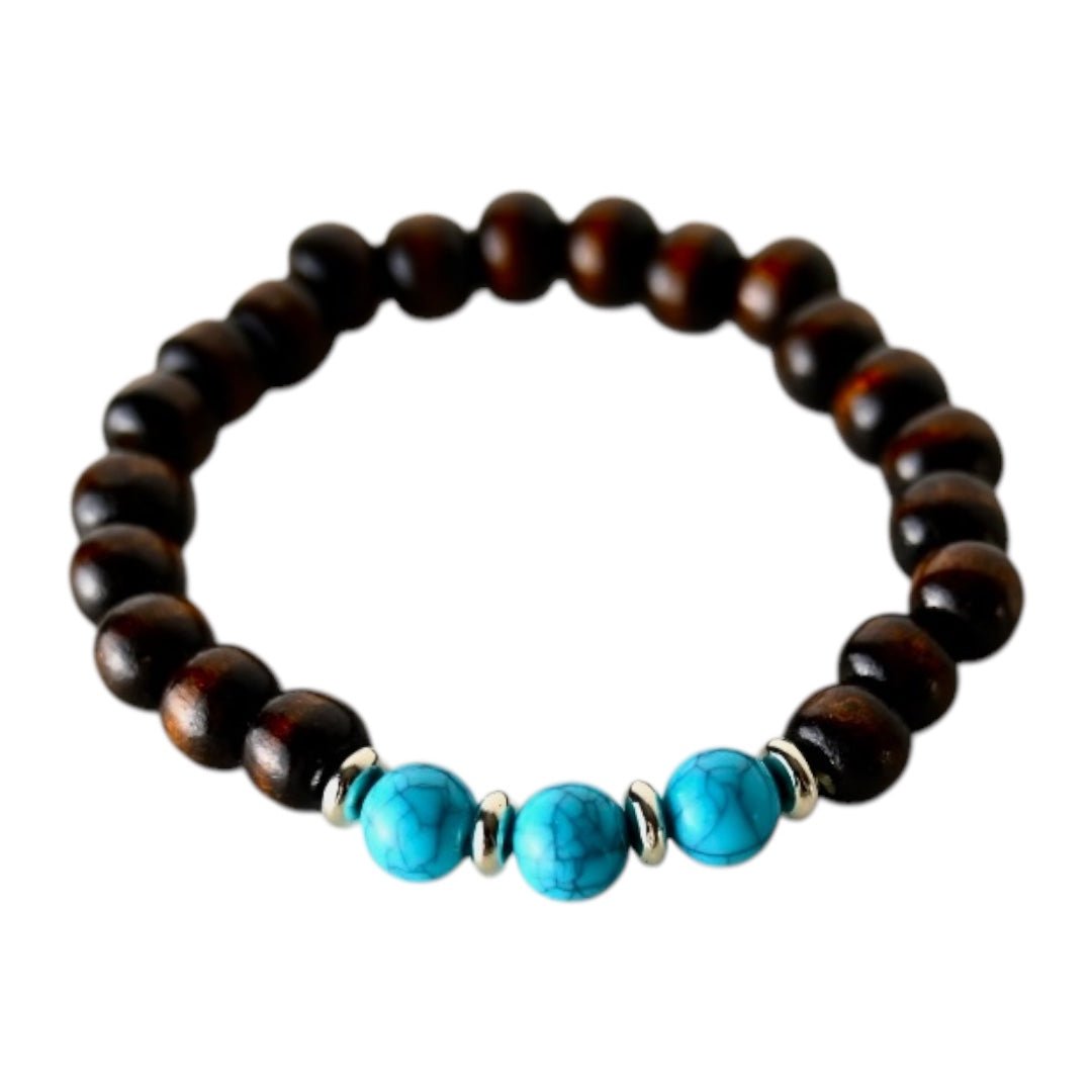 Elastisches Armband mit Holzperlen und Türkis - Imitat - CrystalScents