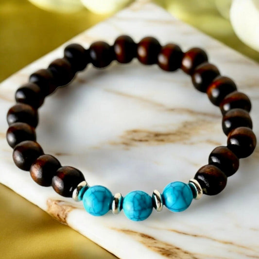 Elastisches Armband mit Holzperlen und Türkis - Imitat - CrystalScents