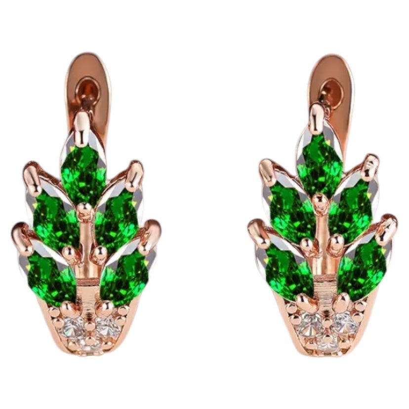 Elegante goldene Kreolen mit Blättern, grün - CrystalScents