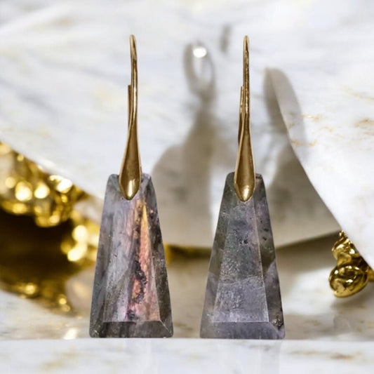 Elegante goldene Ohrringe mit geschliffenem Labradorit - CrystalScents