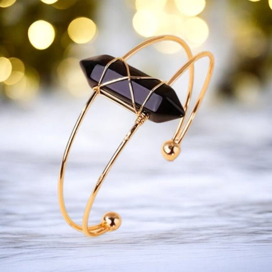 Eleganter goldener Armreif mit Obsidian - Doppelender - CrystalScents