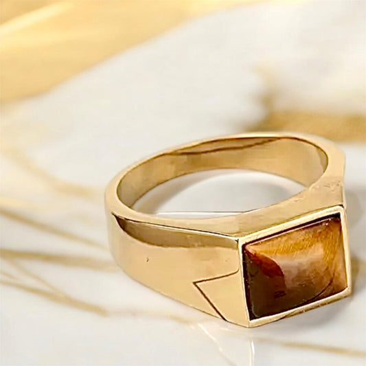 Eleganter Ring mit rechteckigem Tigerauge; Gold - CrystalScents