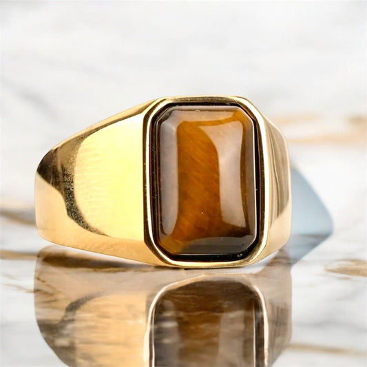 Eleganter Ring mit rechteckigem Tigerauge; Gold - CrystalScents