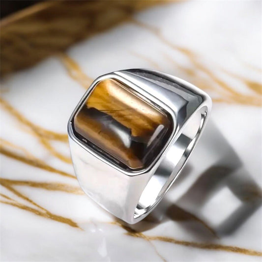 Eleganter Ring mit rechteckigem Tigerauge; Silber - CrystalScents