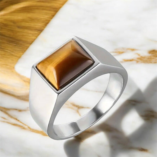 Eleganter Ring mit rechteckigem Tigerauge, Silber - CrystalScents