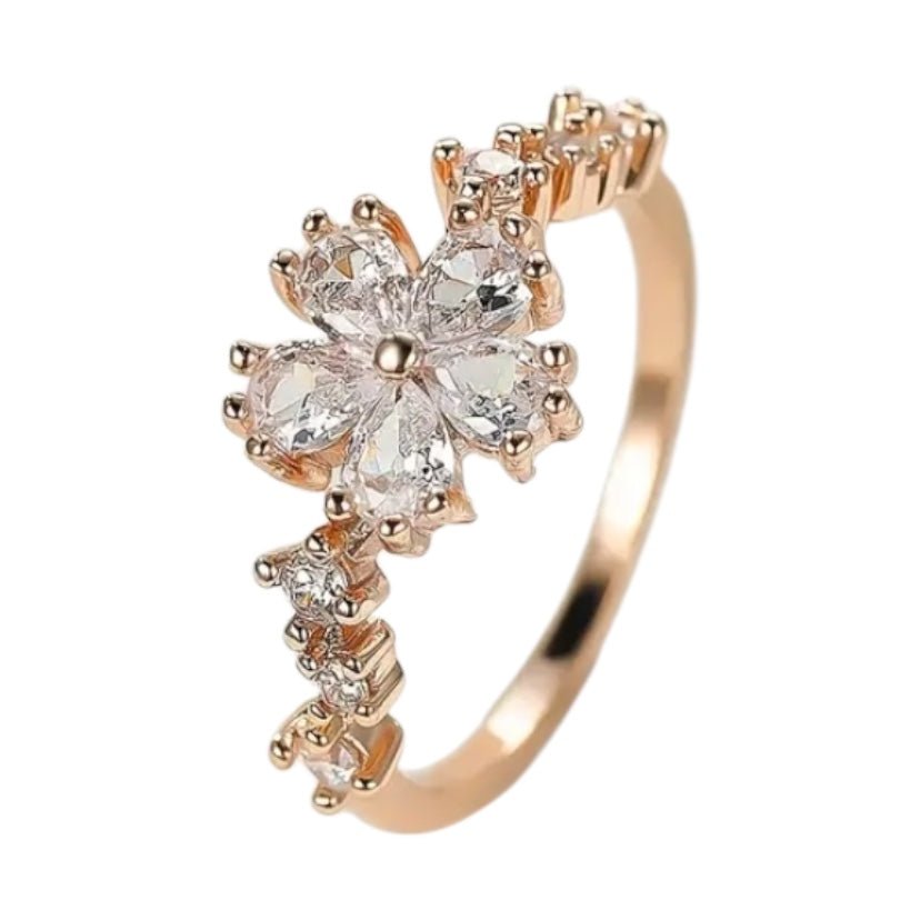 Eleganter roségoldener Ring mit funkelnder Blume - CrystalScents