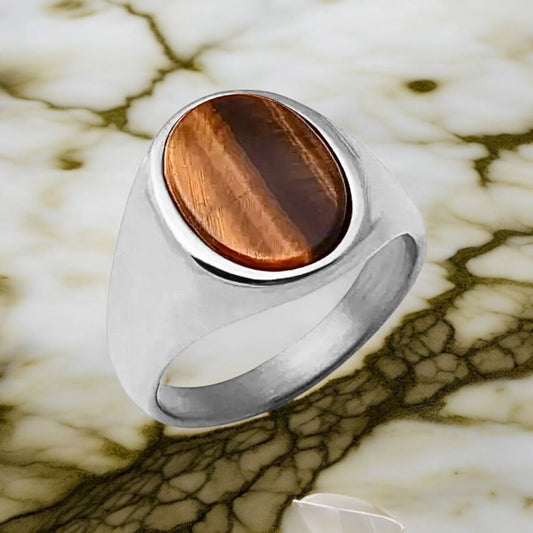 Eleganter silberner Ring mit ovalem Tigerauge - CrystalScents