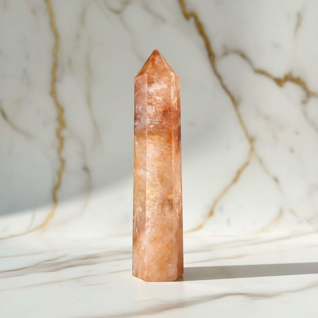 Feuerquarz-Obelisk auf Marmor 4