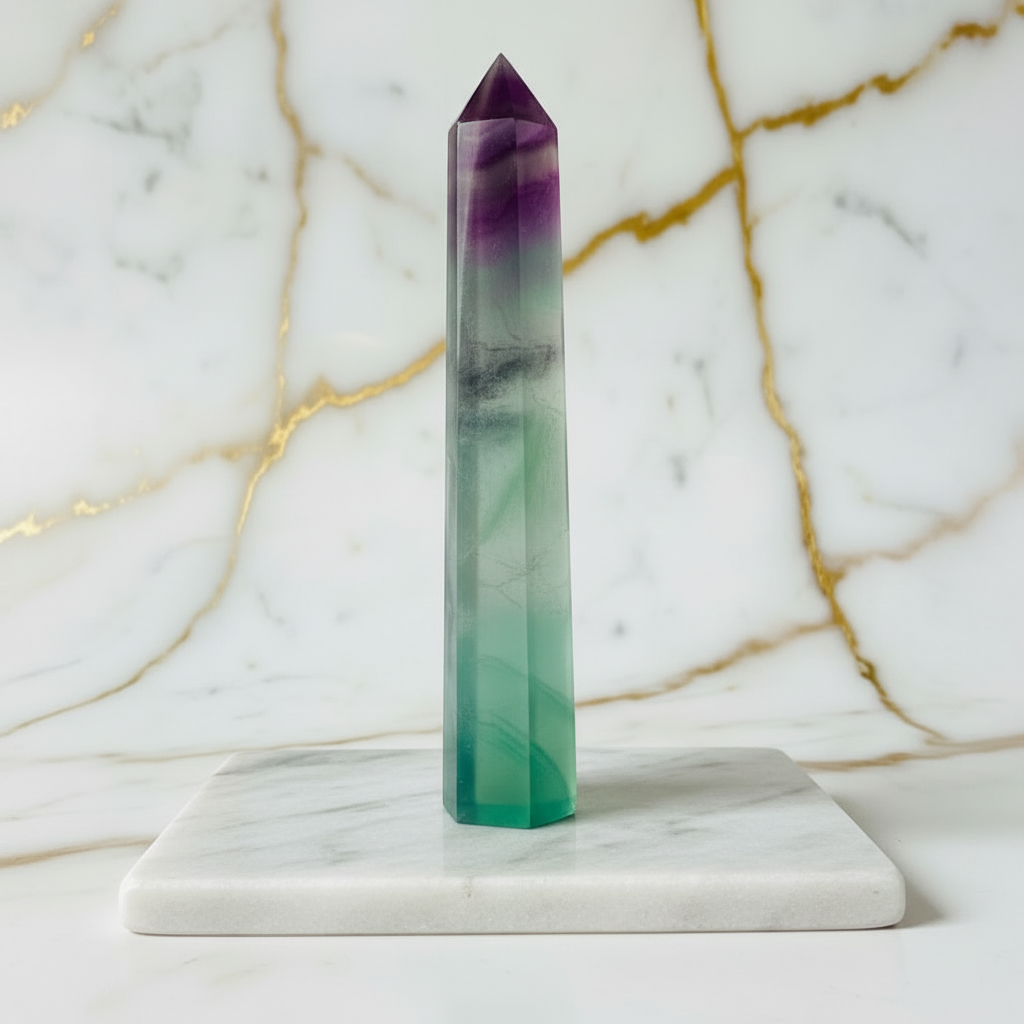 Fluorit Obelisk schräg hinten auf quadratischer Platte