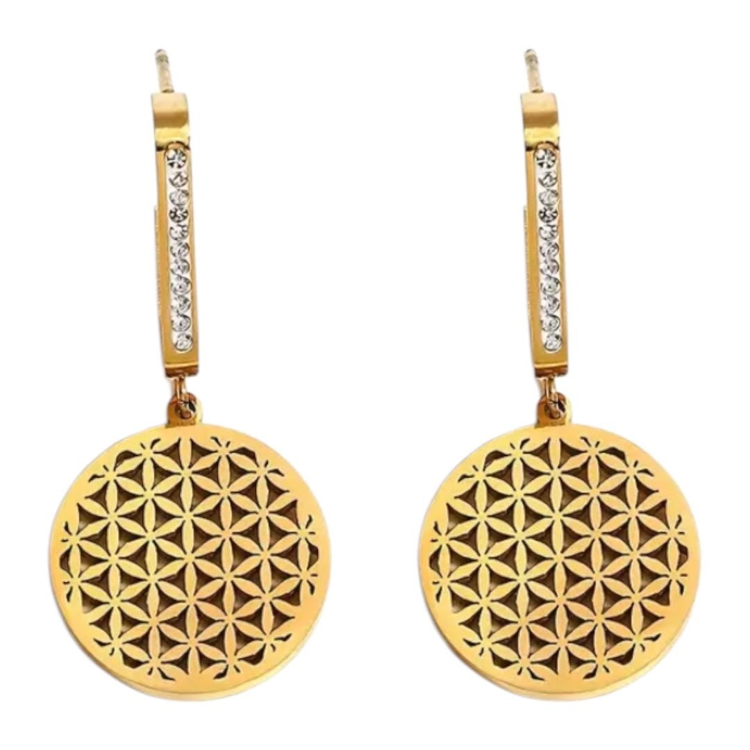 Funkelnde goldene Ohrringe „Blume des Lebens“ - CrystalScents