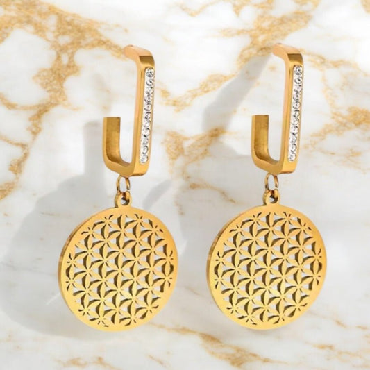 Funkelnde goldene Ohrringe „Blume des Lebens“ - CrystalScents