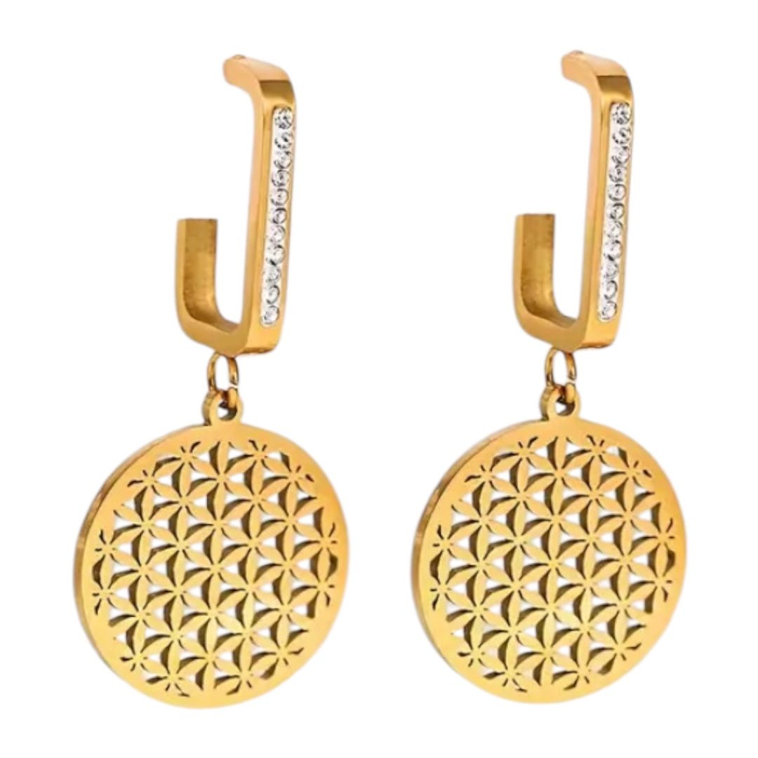 Funkelnde goldene Ohrringe „Blume des Lebens“ - CrystalScents