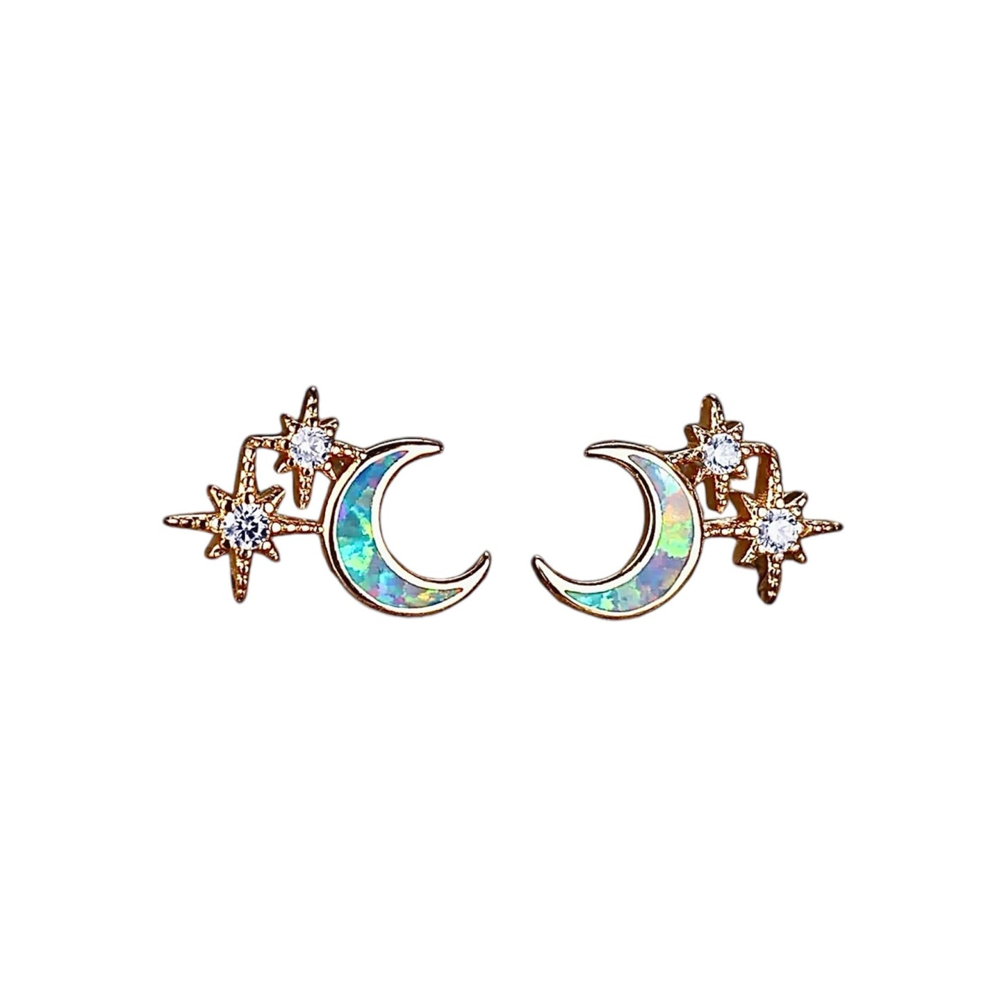 Funkelnde goldene Ohrstecker mit mondförmigem Opal und Sternen - CrystalScents