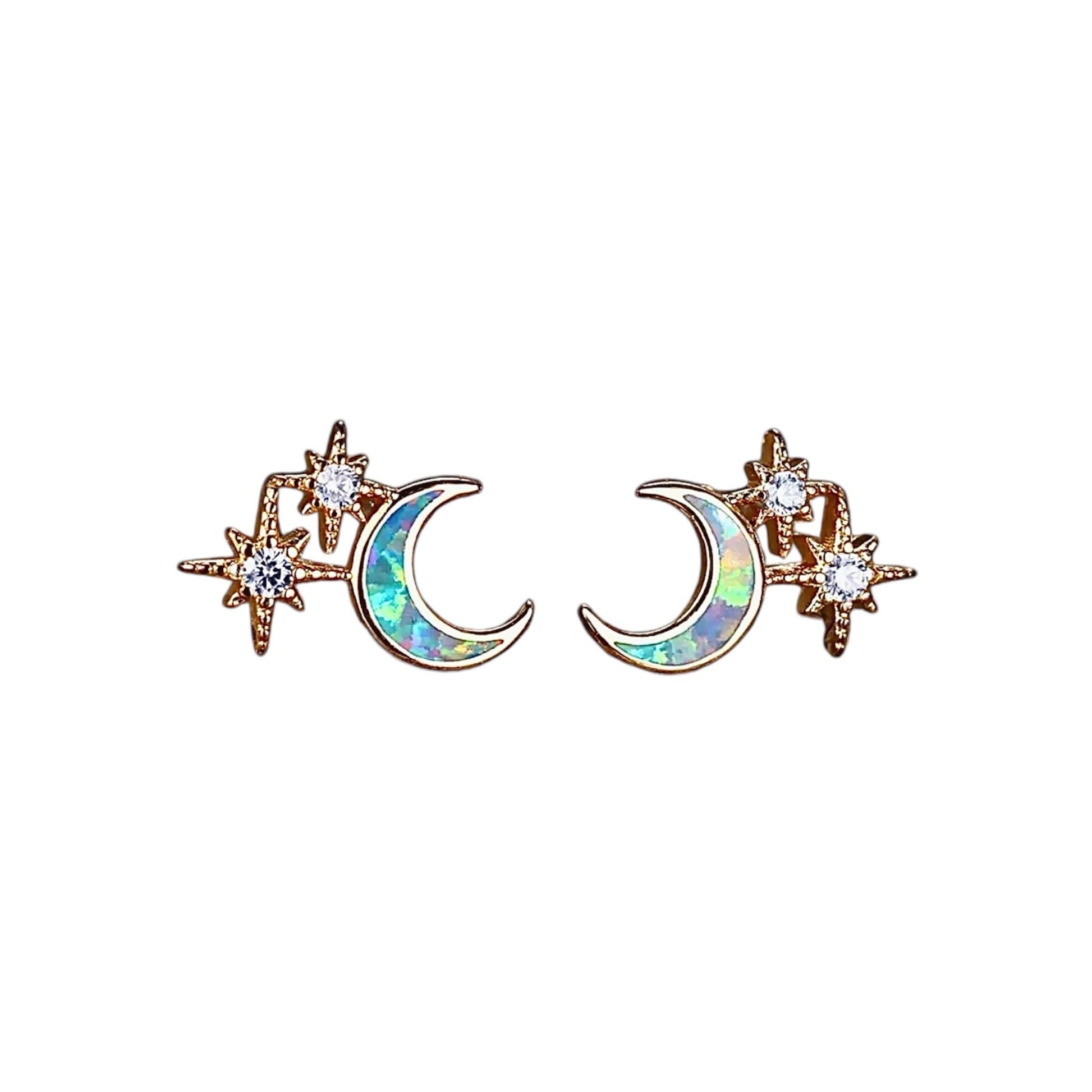 Funkelnde goldene Ohrstecker mit mondförmigem Opal und Sternen - CrystalScents