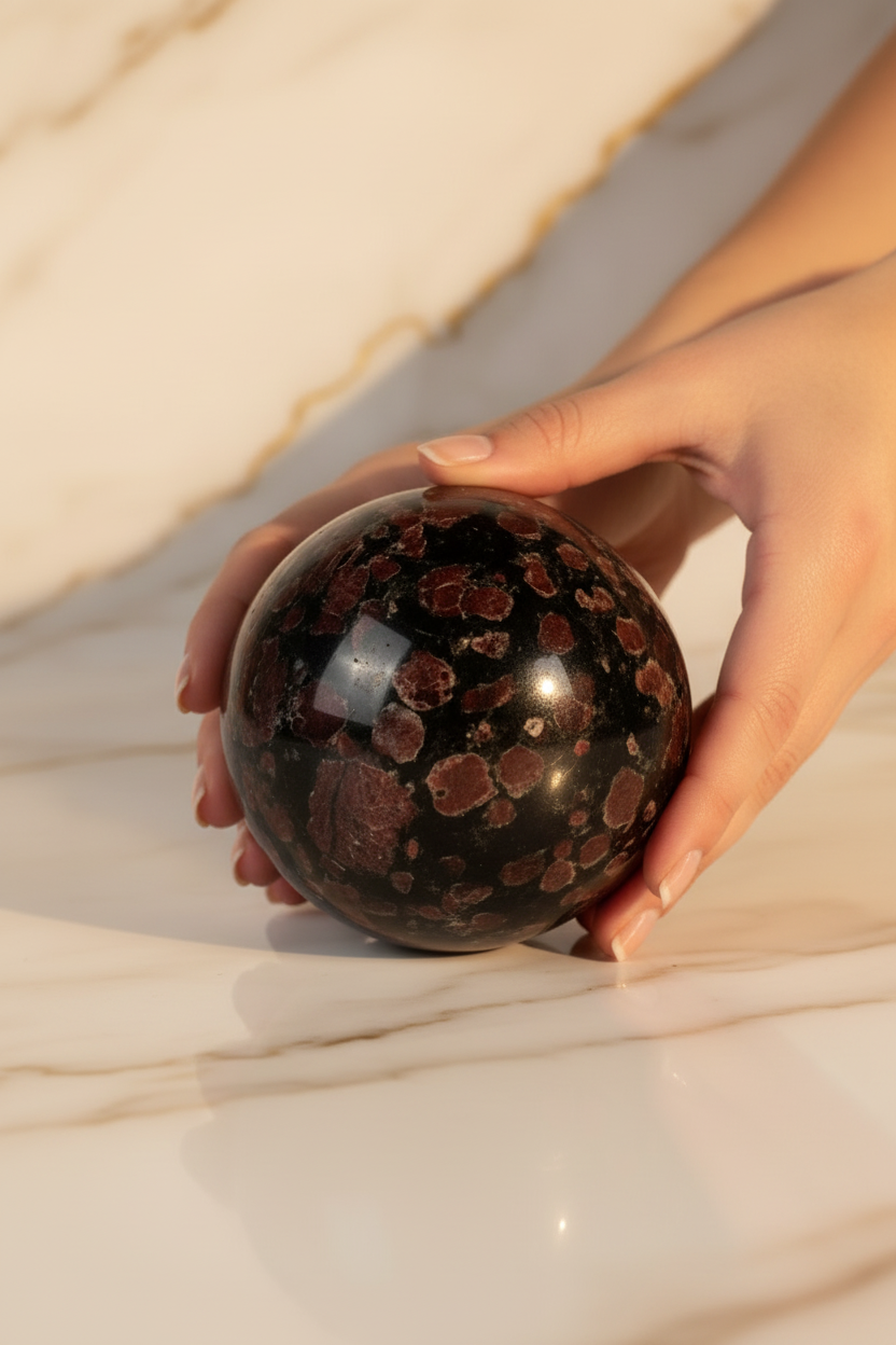 Garnet sphere in hands