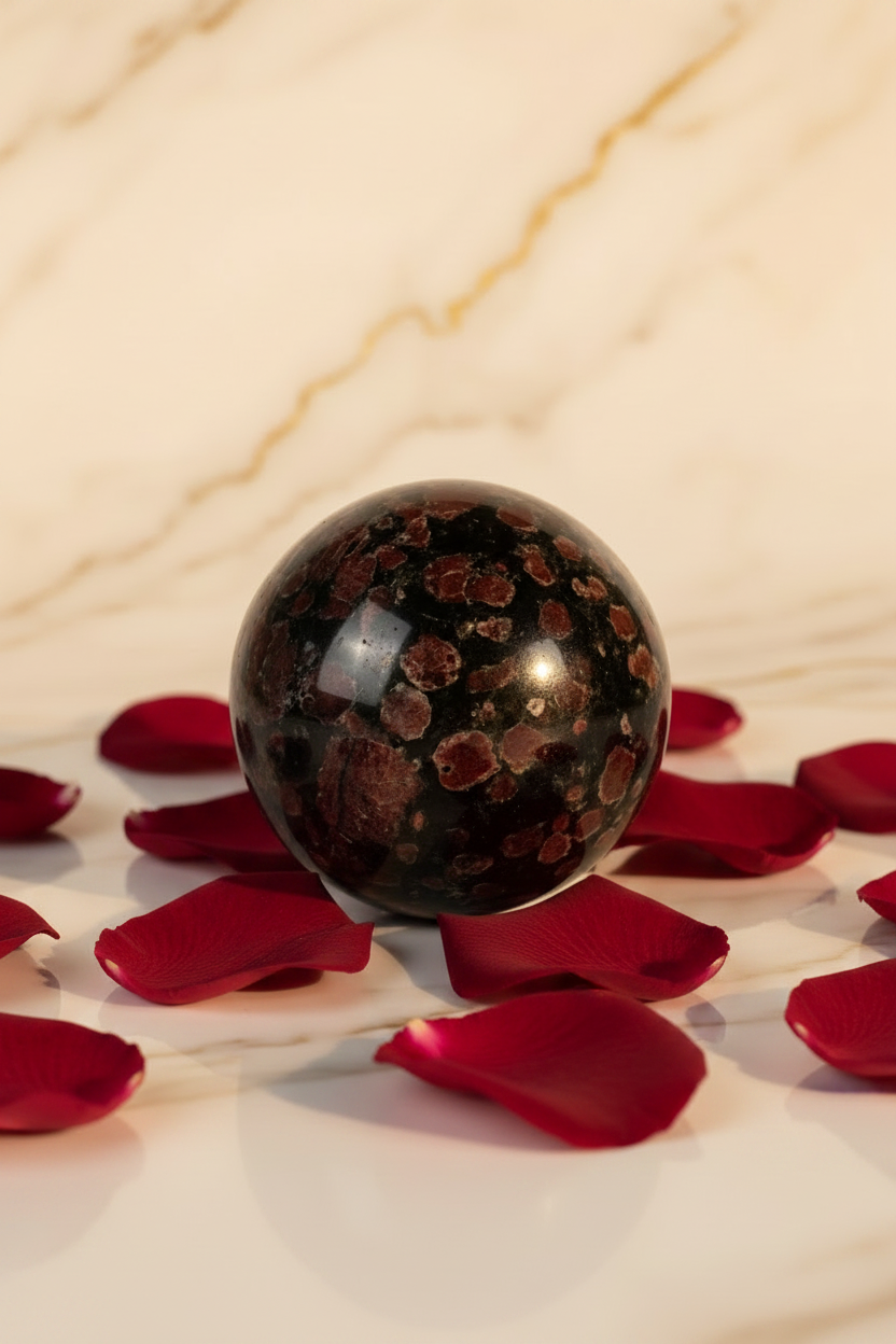 Garnet sphere with red roses and leaves