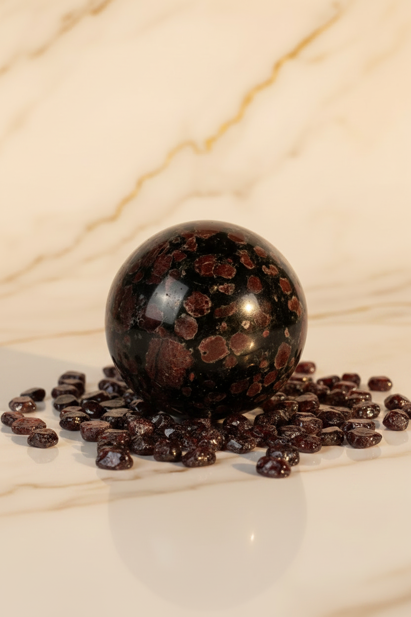 Garnet sphere with tumbled stones