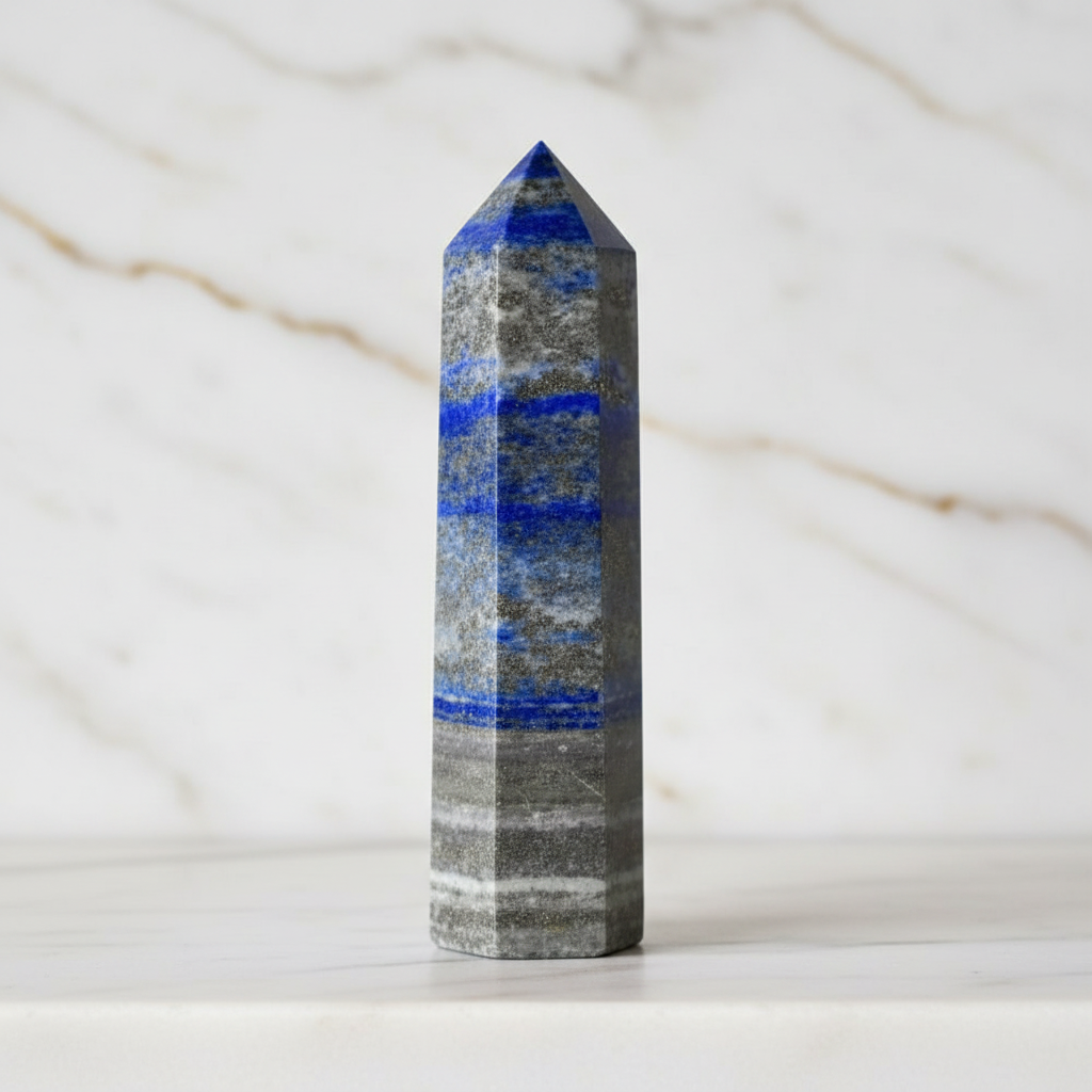Gebänderter Lapislazuli Obelisk auf Marmor 5
