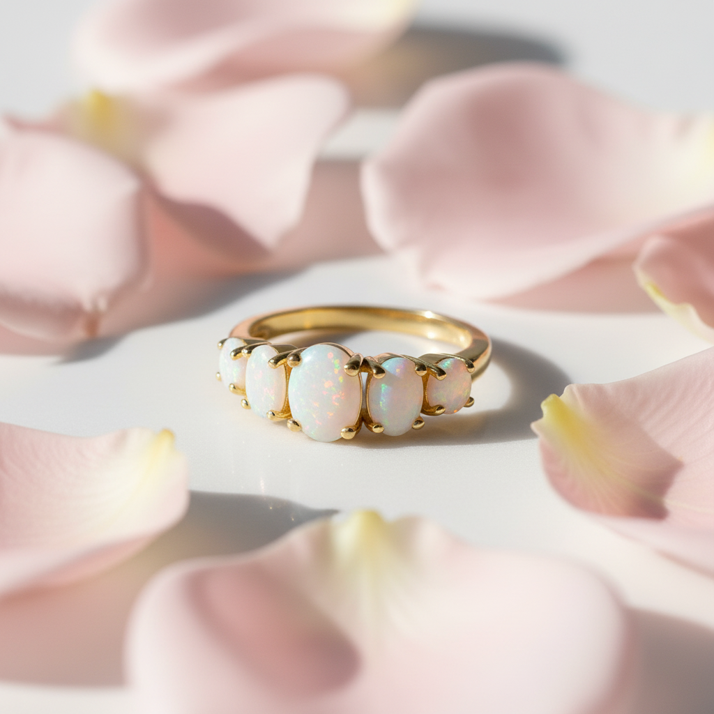 Gelbgold Ring mit 5 Opalen und blush Rosenblüten - Nahaufnahme