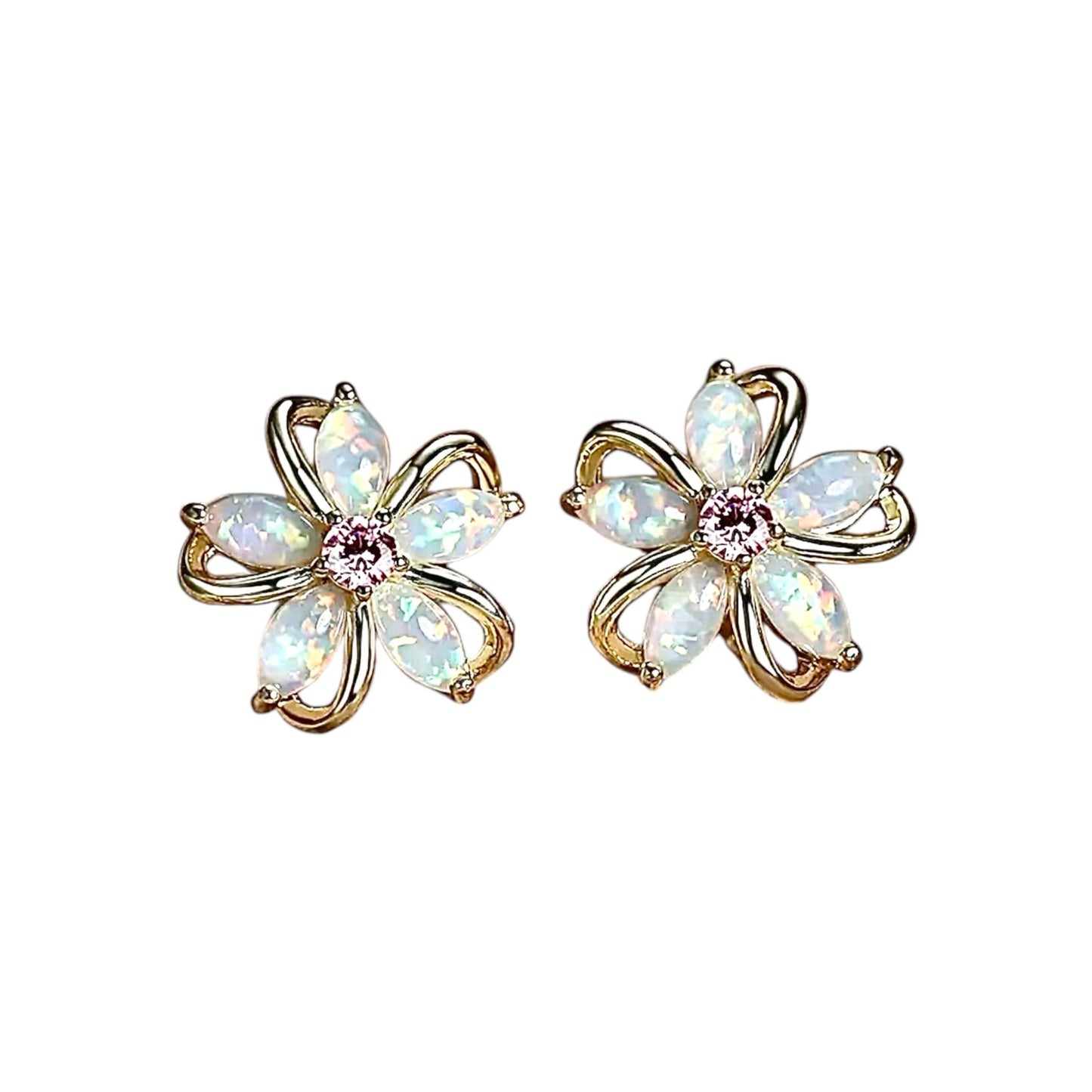 Goldene funkelnde Ohrstecker mit Opal - Blüten - CrystalScents