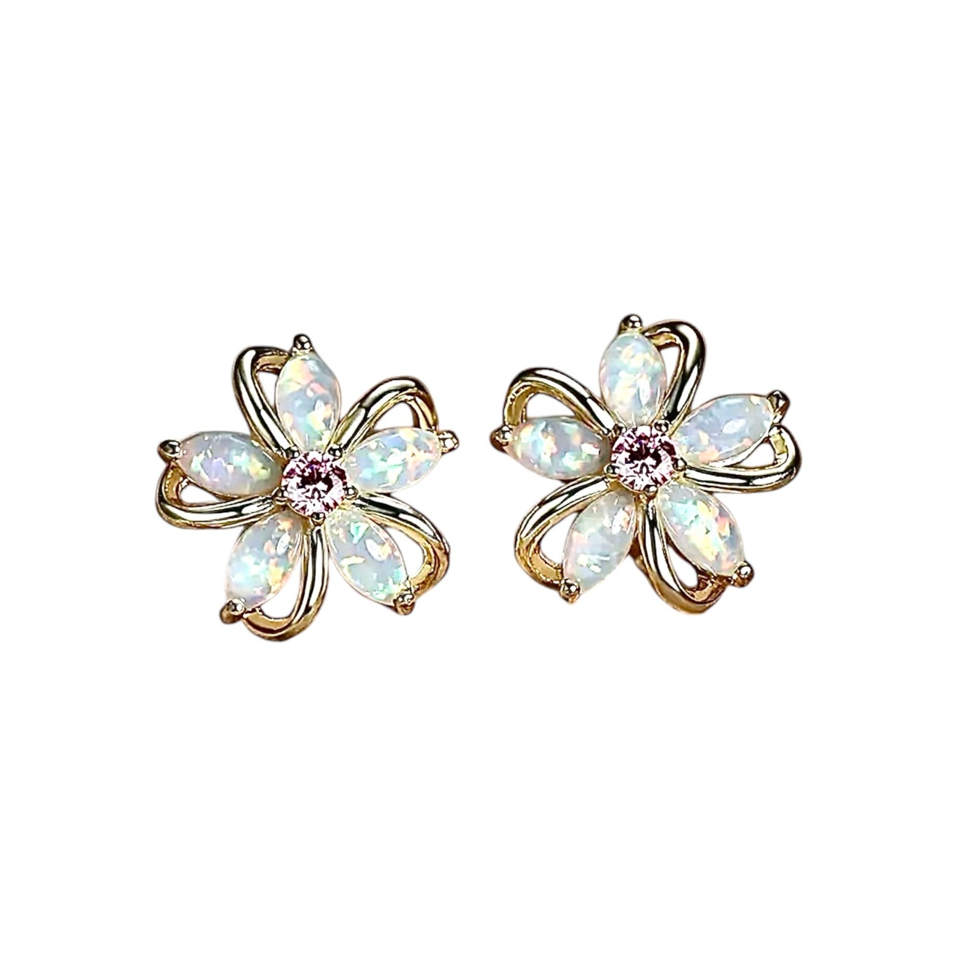 Goldene funkelnde Ohrstecker mit Opal - Blüten - CrystalScents