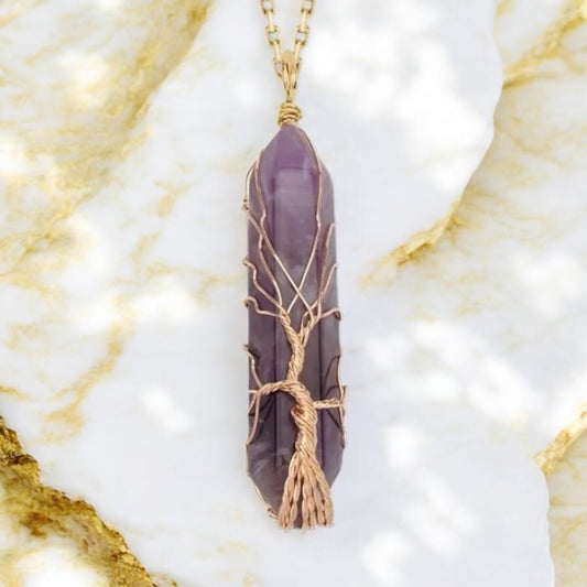 Goldene Halskette mit goldverziertem Amethyst Doppelender - CrystalScents