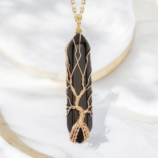 Goldene Halskette mit goldverziertem Obsidian Doppelender - CrystalScents