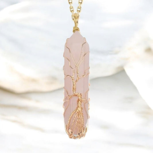 Goldene Halskette mit goldverziertem Rosenquarz Doppelender - CrystalScents