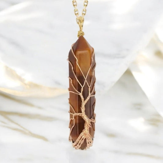 Goldene Halskette mit goldverziertem Tigerauge Doppelender - CrystalScents