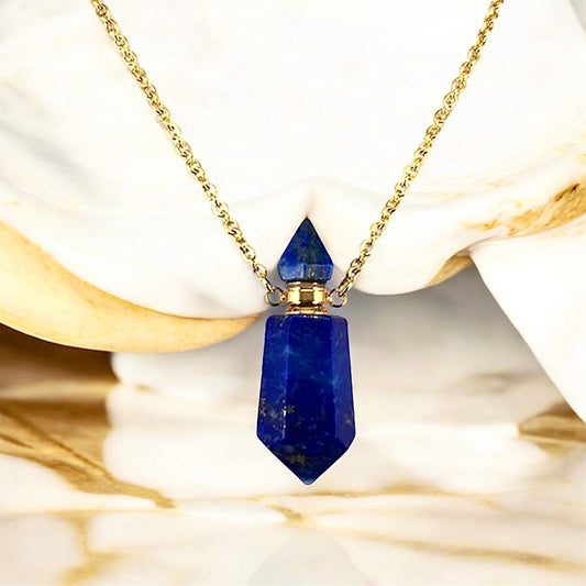 Goldene Halskette mit Parfümfläschchen aus Lapislazuli - CrystalScents