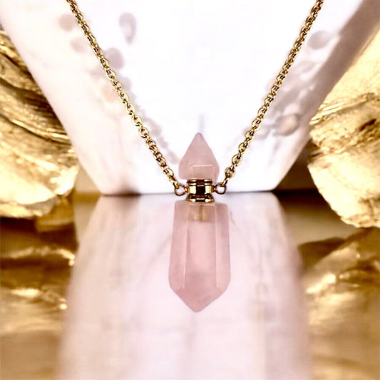 Goldene Halskette mit Parfümfläschchen aus Rosenquarz - CrystalScents