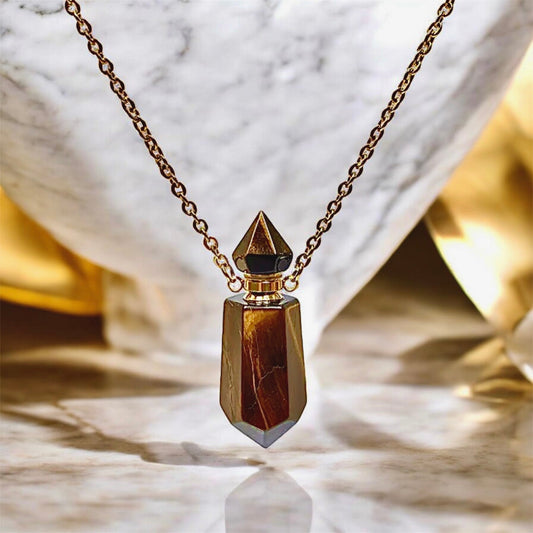 Goldene Halskette mit Parfümfläschchen aus Tigerauge - CrystalScents