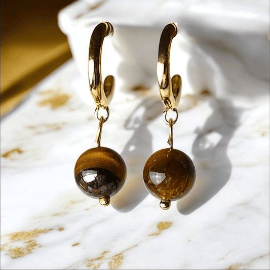 Goldene Kreolen mit Tigerauge Kugeln - CrystalScents