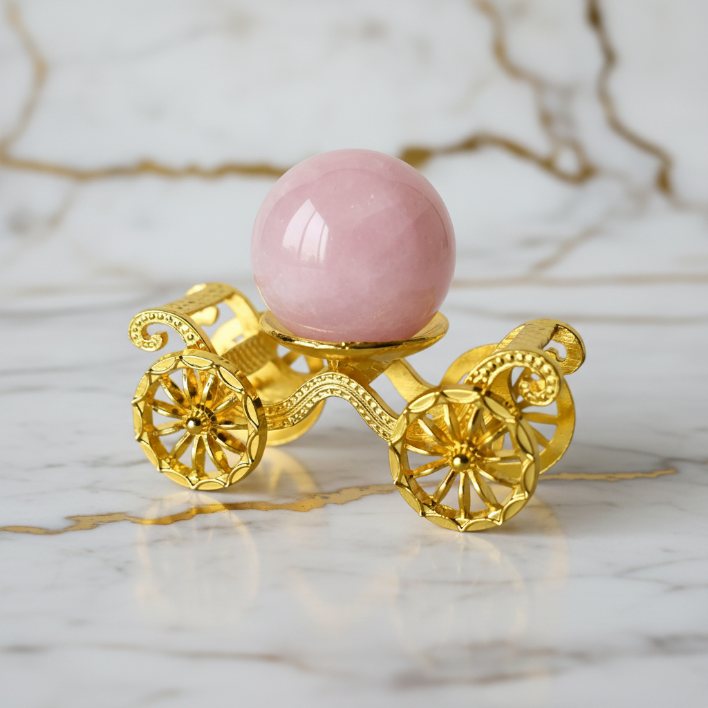 Goldene Kutsche mit großer Rosenquarz-Kugel 4