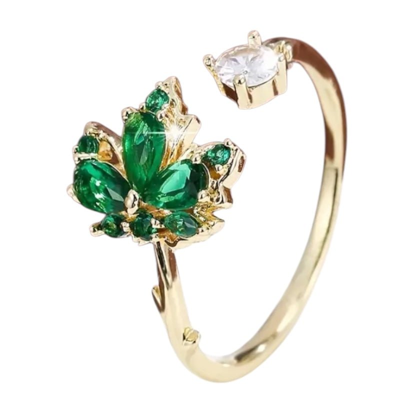 Goldener offener Ring mit Ahornblatt; Grün - CrystalScents