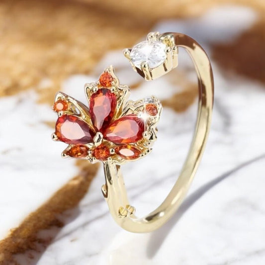 Goldener offener Ring mit Ahornblatt; Orange - CrystalScents