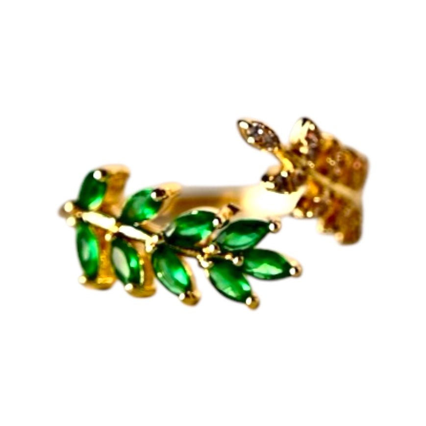 Goldener offener Ring mit Blättern; Grün - CrystalScents