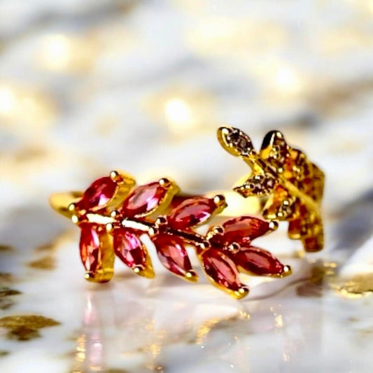 Goldener offener Ring mit Blättern; Rot - CrystalScents