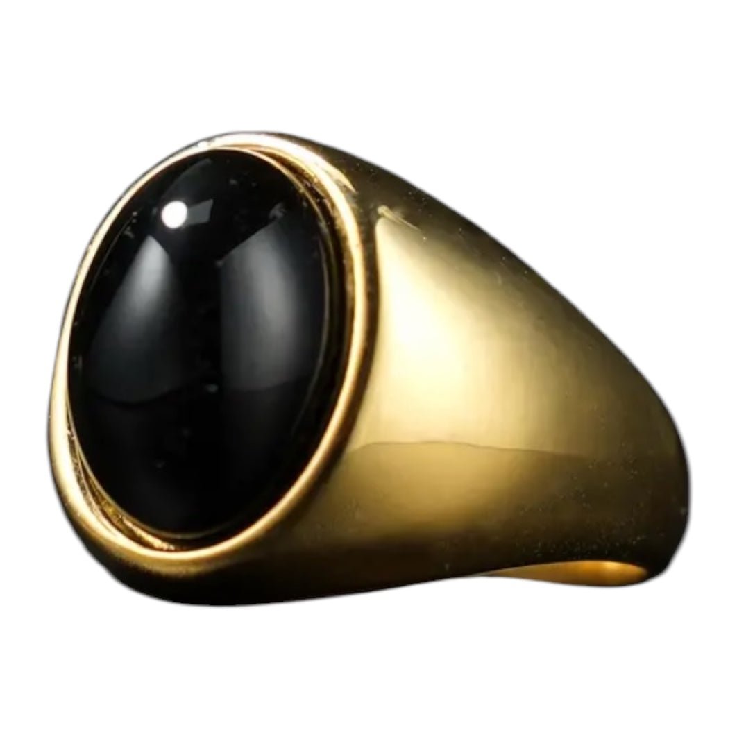 Goldener Ring mit ovalem großem Onyx - CrystalScents
